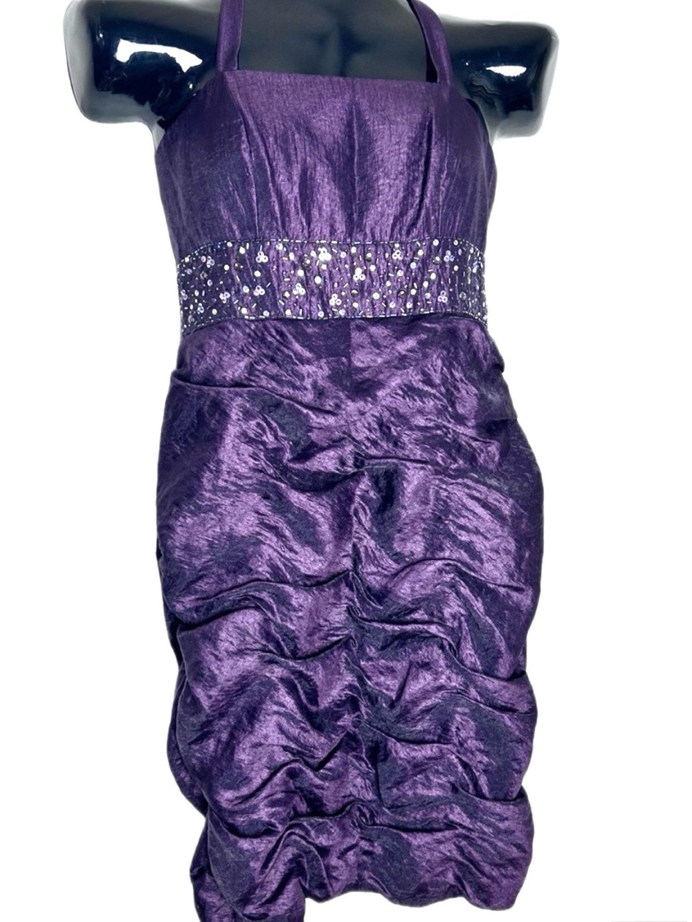 David's Bridal Plum Purple Strapless Taffeta Dress with Beaded Waist - Picture 3 of 14